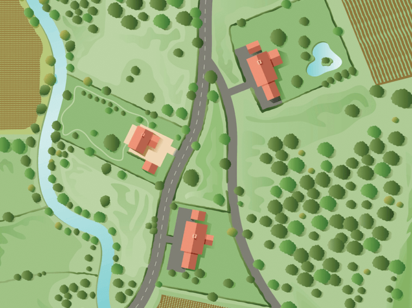 Top down view of a slice of rural landscape.
